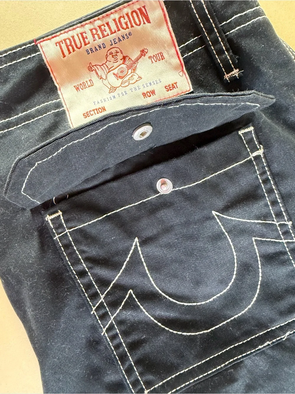 True Religion Men’s Black Slim Straight Jeans with White Stitching